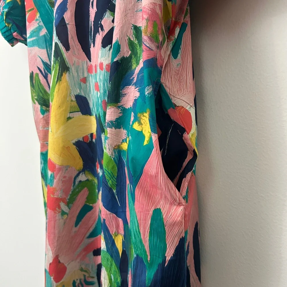 Entro Floral Maxi Dress Coral Combo Cotton Split Neck Large NEW - Picture 10 of 10